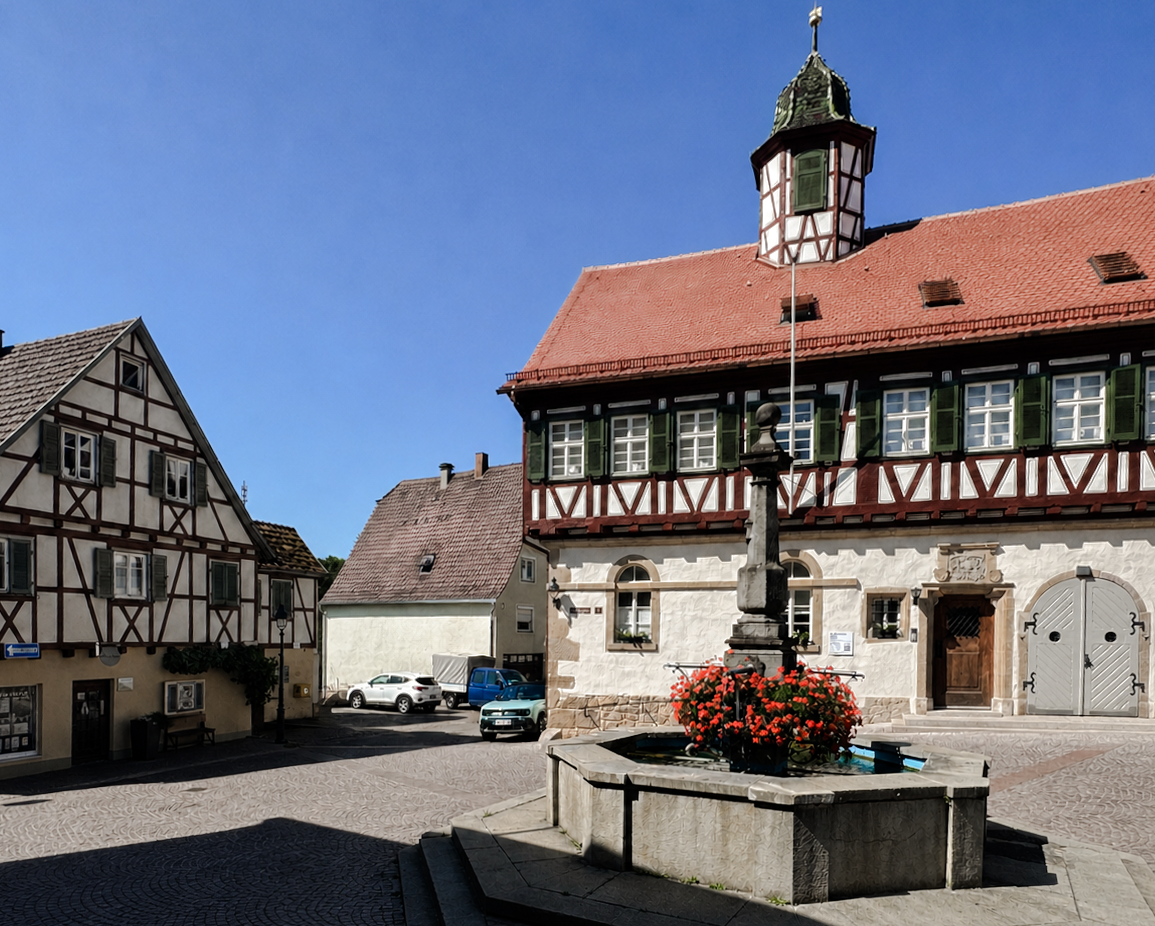 Der Marktbrunnen und das historische Rathaus in Waldenbuch